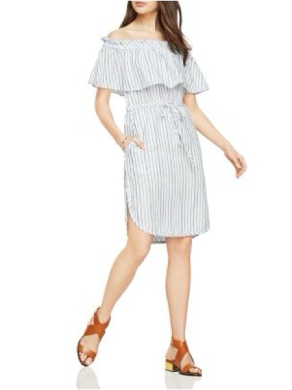 BCBGMaxAzria White and Blue Striped Off-Shoulder Dress